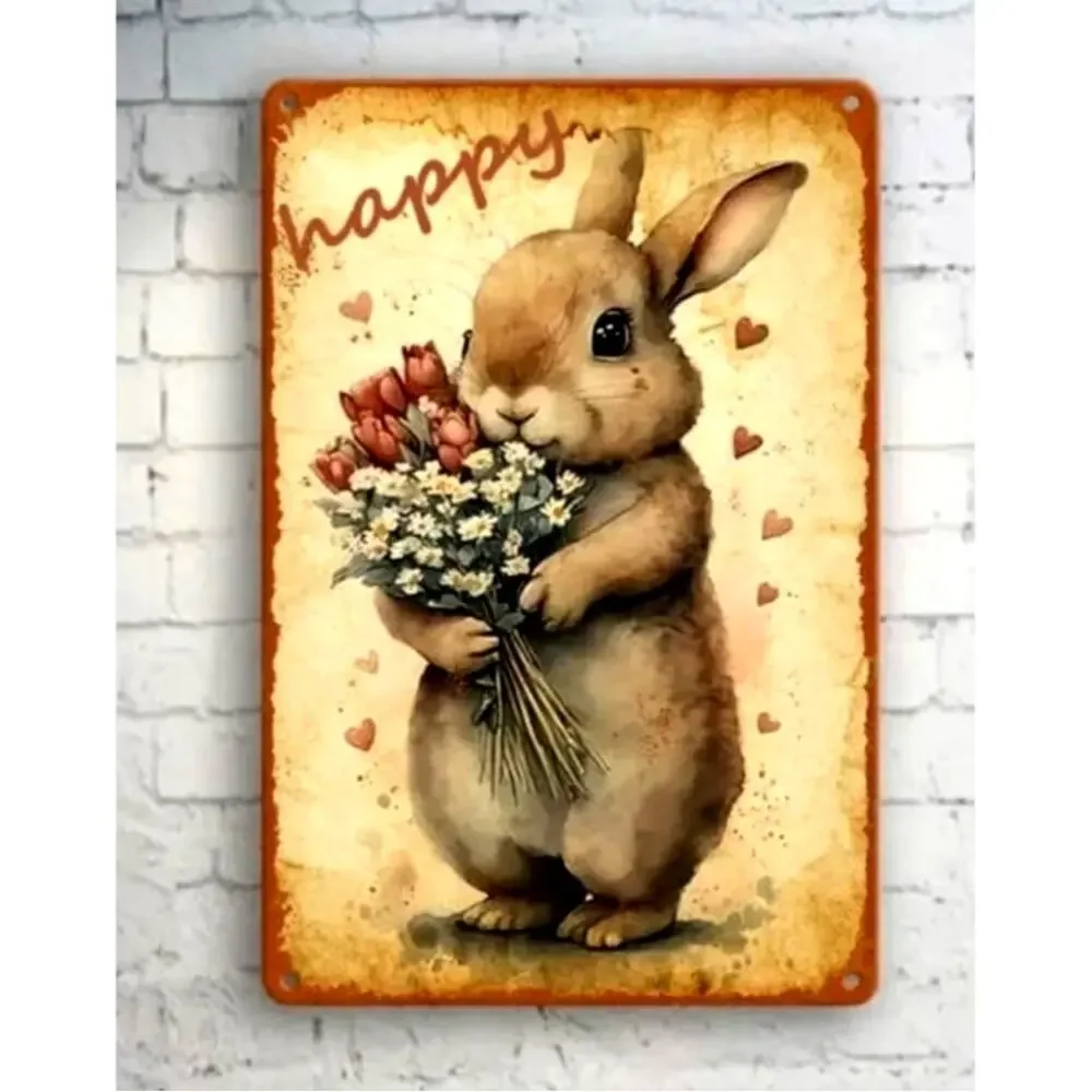 Rabbit sign Easter bunny w Flower Bouquet Vintage retro style wreath home decor